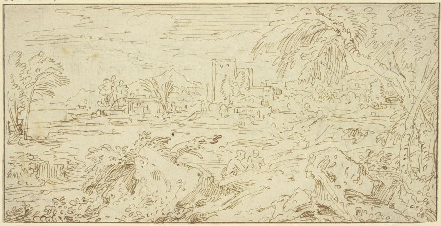 Landschaft mit Gebäuden, im Vordergrund Felsstücke und zwei nur halb sichtbare Figuren von Abraham Genoels d. J.