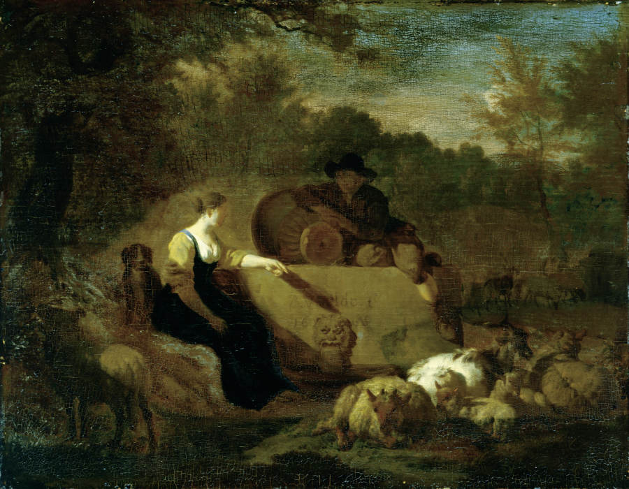 Hirt und Hirtin mit ihrer Herde am Brunnen von Adriaen van de Velde