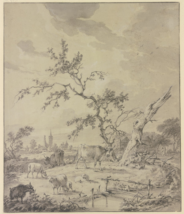 Hirtenknabe mit Rindern, Schafen und Ziegen bei einem dürren und einem abgestorbenen Baum, im Hinter von Adrianus de Visser