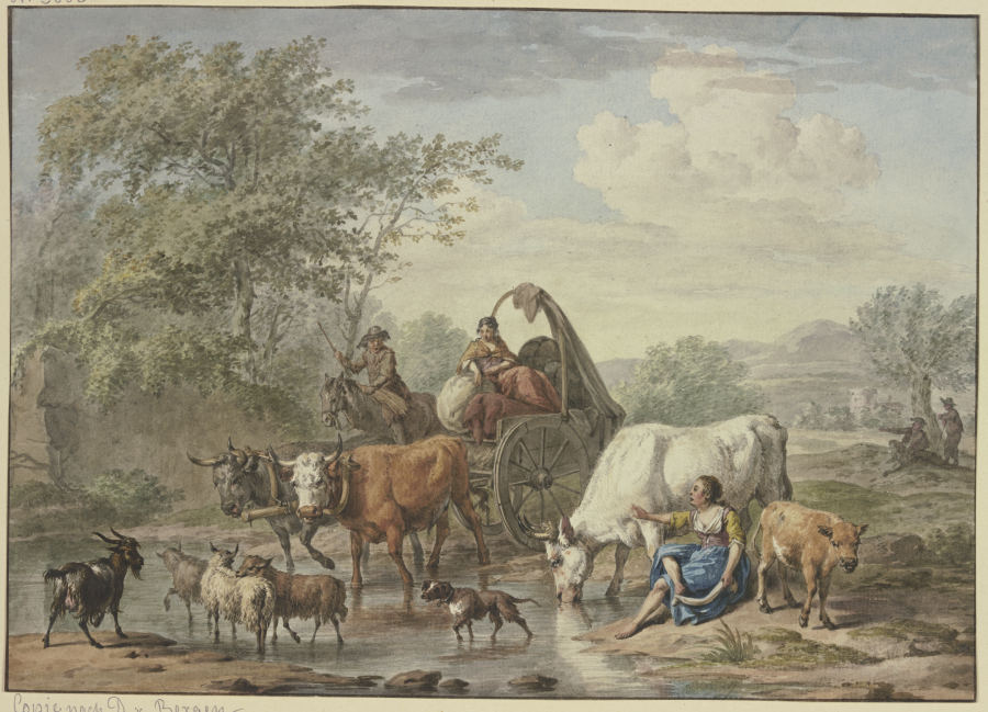 Hirten fahren mit einem Wagen durchs Wasser, rechts eine Hirtin, die sich die Füße wäscht, bei einer von Aert Schouman