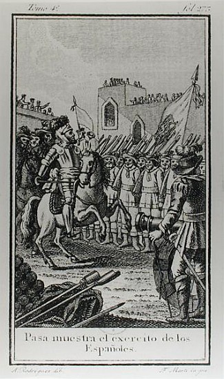 Hernando Cortes (1485-1547) Reviewing his Troops; engraved by Antonio Rodriquez von (after) F. Marti