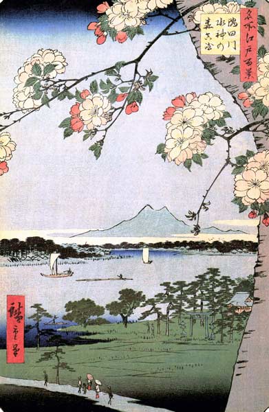 Suijin Schrein und Massaki am Fluß Sumida. (Bild 35 aus der Serie: 100 berühmte Ansichten von Edo). von Ando oder Utagawa Hiroshige