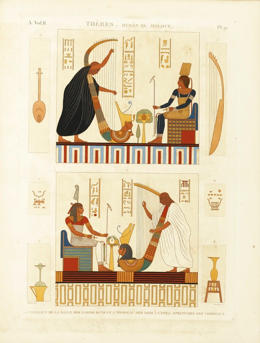 Harfenspieler aus dem Grabmal von Ramses III. im Tal der Könige. Illustration aus "The Description d von Andre Dutertre