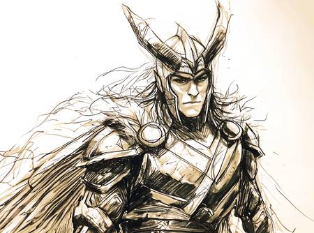 Bleistiftzeichnung von Loki, der zwielichtigen Figur aus der nordischen Mythologie. 2023