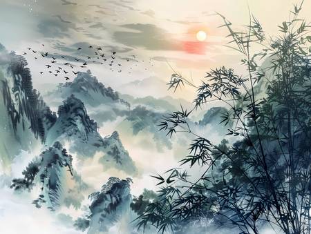 Schwarm Zugvögel fliegt über die Bergwelt Chinas. 2024