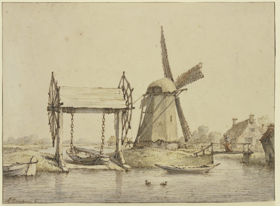 Landschaft mit Schiffshebewerk und Mühle von Anthonie van Borssom