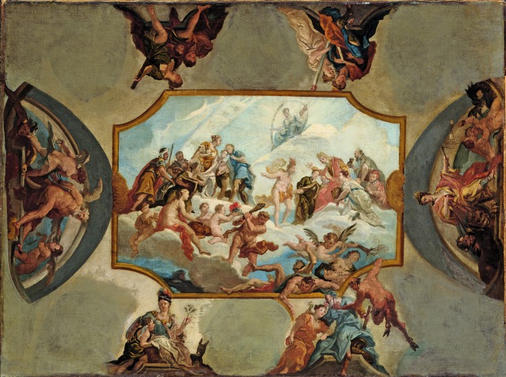 Huldigung an den Kurfürsten Johann Wilhelm von der Pfalz. Entwurf für eine Deckenmalerei auf Schloss von Antonio Bellucci