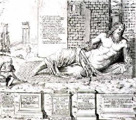 The 'talking' statue of Marforio in Rome, engraved by the artist 1550