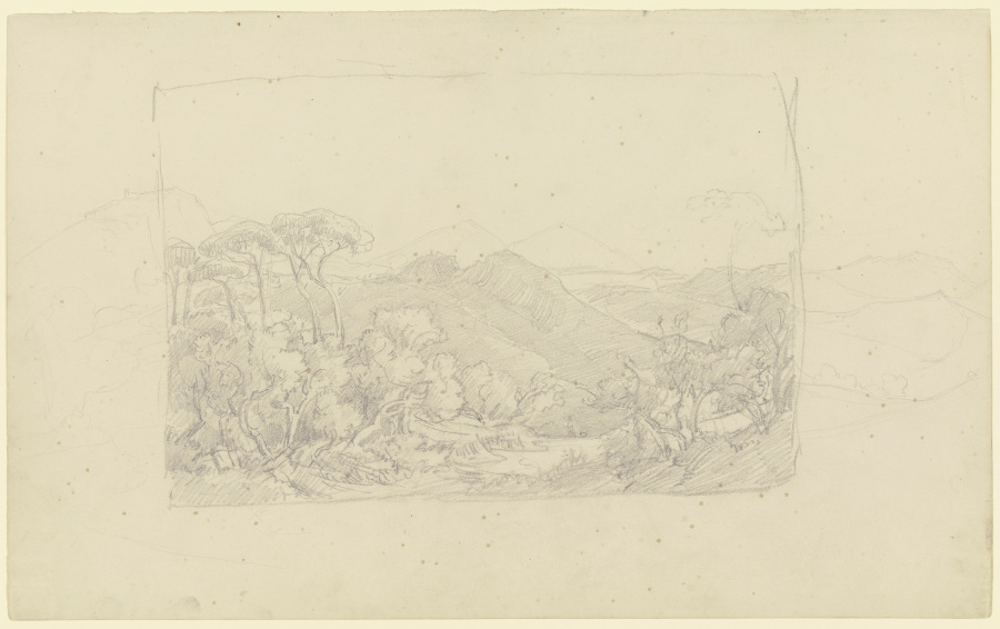 Sabiner Berge, im Vordergrund eine Piniengruppe von August Lucas