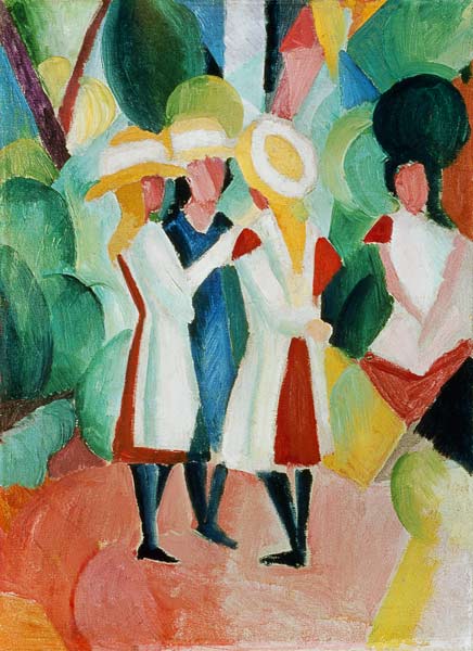 Three girls in yellow straw hats von August Macke