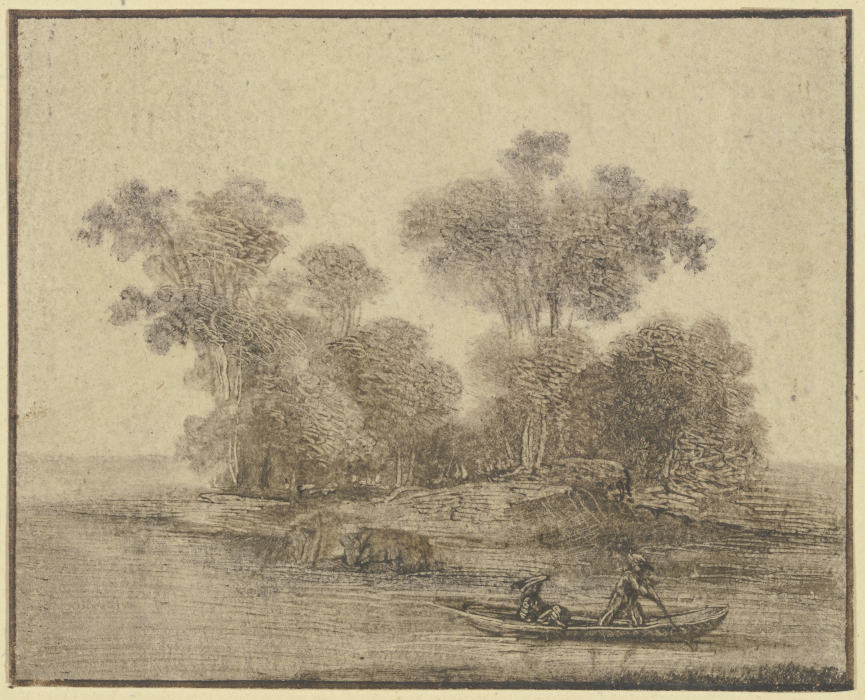 Ein Kahn mit einem stehenden und einem sitzenden Mann vor einer bewaldeten Insel von Benjamin Calau
