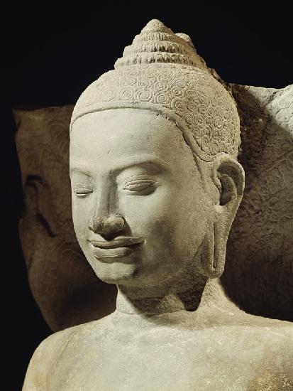 Buddha in Meditation on the Naga King, Mucilinda, detail of Buddha's head, from Preah Khan, Bayon st 12th-13th