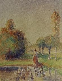 Junge Frau am Ufer eines Weihers. von Camille Pissarro