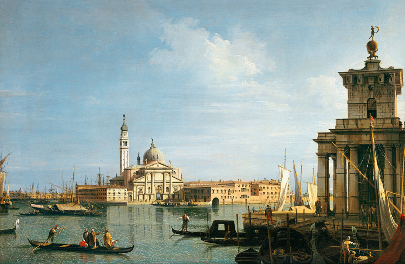 The Island of San Giorgio Maggiore, Venice, with the Punta della Dogana and numerous vessels von Giovanni Antonio Canal (Canaletto)