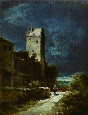 Nächtliche Landschaft mit Nachtwächter um 1875/80