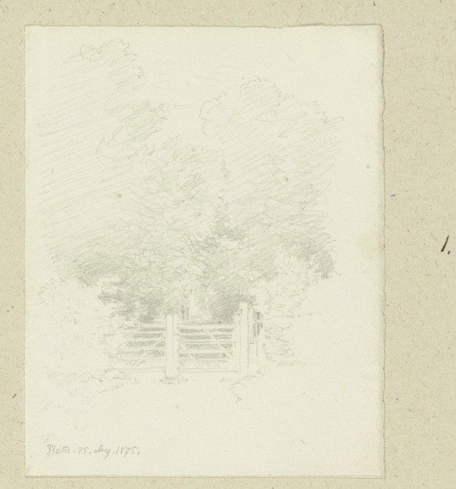 Hinter einem Gatter ein von Bäumen gesäumter Weg beim Jagdschloss Platte von Carl Theodor Reiffenstein