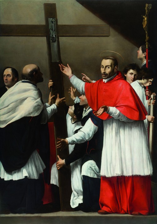 Die Aufstellung des heiligen Kreuzes mit dem heiligen Karl Borromäus von Carlo Saraceni