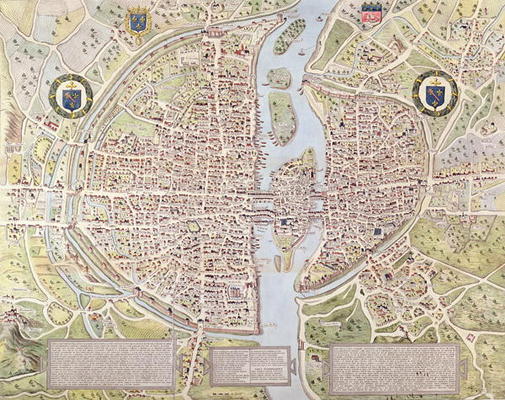 'Plan de la Tapisserie', map of Paris, originally a tapestry made in c.1570, 1818 (colour engraving) von Caroline Naudet