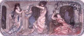 Two Female Figures dancing in a Room, another reclining