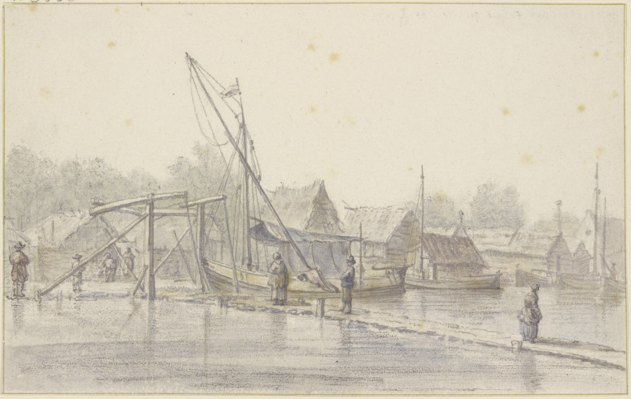 Schleusentor an einem Damm, auf dem Kanal viele Schiffe von Cornelis Saftleven
