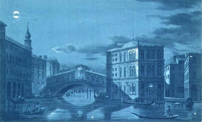 Nocturnal Scene of the Ponte di Rialto, Venice, engraved by Brizeghel (litho) von Dalda