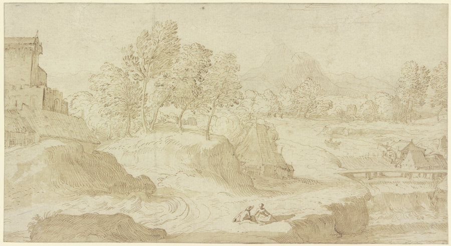 Landschaft mit Schloß, Wassermühle und Dorfhäusern von Domenico Campagnola