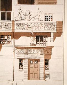Doorway and Front Elevation of Studio and House for Frank Miles (1852-91), Tite Street, Chelsea 1878-79