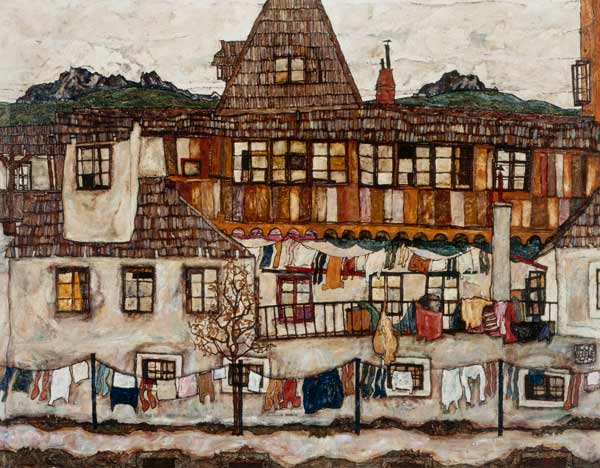 Haus mit trocknender Wäsche von Egon Schiele