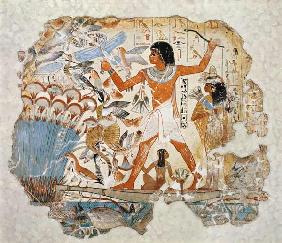 Nebamun hunting in the marshes with his wife an daughter, part of a wall painting from the tomb-chap c.1350 BC