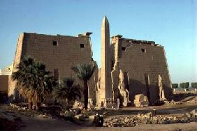 View of the North East facade of the Temple with the pylon and obelisk, New Kingdom