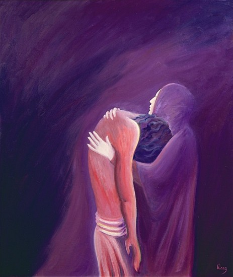 The sorrowful Virgin Mary holds her Son Jesus after His death, 1994 (oil on panel)  von Elizabeth  Wang