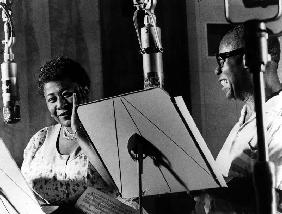 Ella Fitzgerald American jazz Singer with Louis Armstrong jazz trumpet player and Singer during a re 1950