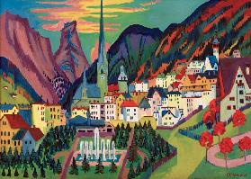 Davos mit Kirche. Davos im Sommer 1925