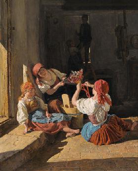 Kinder schmücken den Hut eines Konskribierten 1854