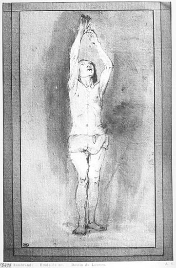 Young boy with a loincloth, both hands hanged on a small bar (pen, brown ink & wash on paper) von (follower of) Rembrandt Harmensz. van Rijn
