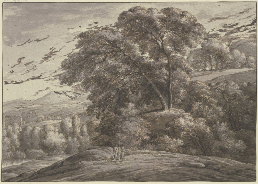 Gebirgslandschaft mit hohen Bäumen und drei Frauengestalten von Franz Innocenz Josef Kobell