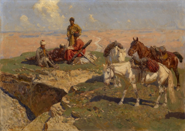 Die kaukasischen Reiter bei einer Rast von Franz Roubaud