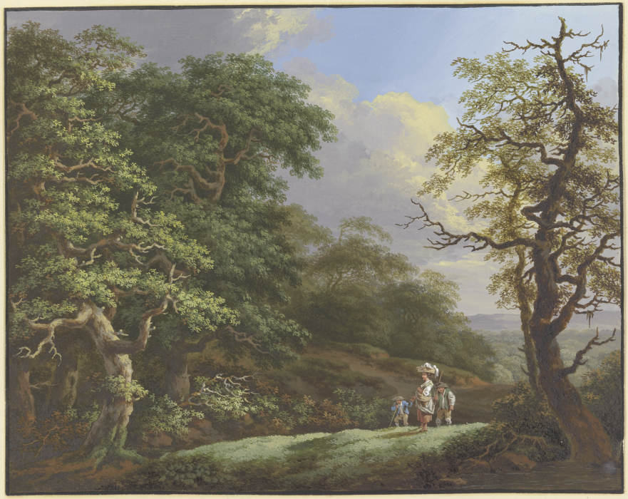 Eichenwald, im Vordergrund eine Frau mit einem Korb auf dem Kopf, begleitet von einem Mann und einem von Friedrich Rauscher