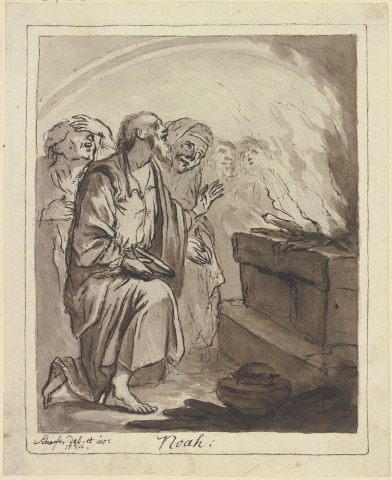 Noah mit seinen Angehörigen vor dem Opferaltar kniend von Friedrich Wilhelm Schäfer
