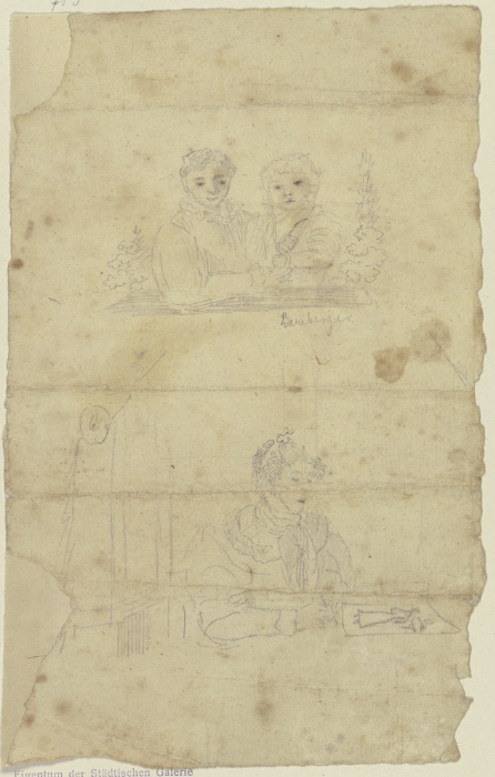 Studienblatt: Mädchen mit Kind sowie eine zeichnende Frau von Fritz Bamberger