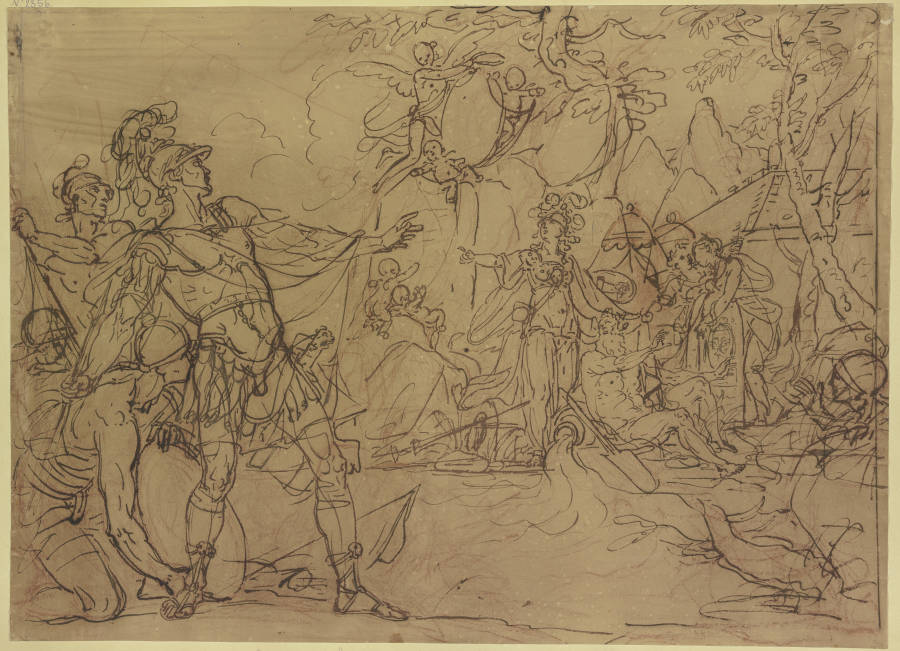 Ein junger Krieger ist im Begriff, ein Lager anzugreifen, Minerva verwehrt es ihm, sie ist umgeben v von Gerard de Lairesse