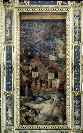 A naval battle between Florence and Pisa from the ceiling of the Salone dei Cinquecento 1565