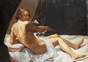 Young Man Lying on a Bed with a Cat 1620