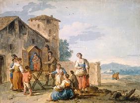 Gruppe von Landleuten vor einem Bildstock 1750