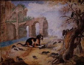 Cat killing mice in a landscape