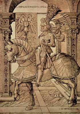 Emperor Maximilian I riding a horse, 1518 (engraving) von Hans Burgkmair