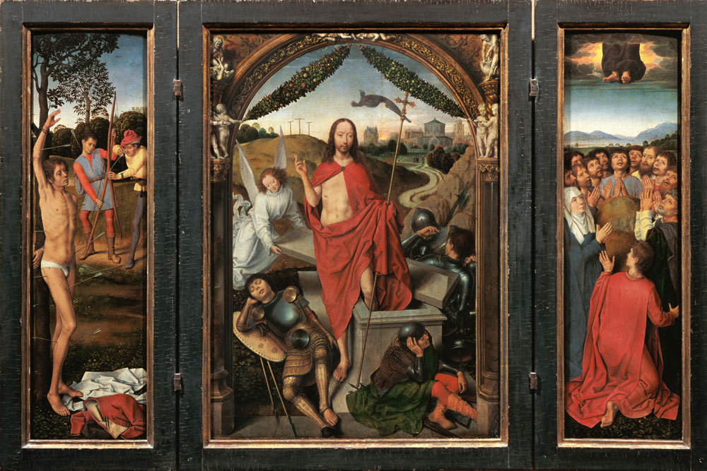 Auferstehungsaltar, Triptychon (hl. Sebastian, Auferstehung, Himmelfahrt) von Hans Memling
