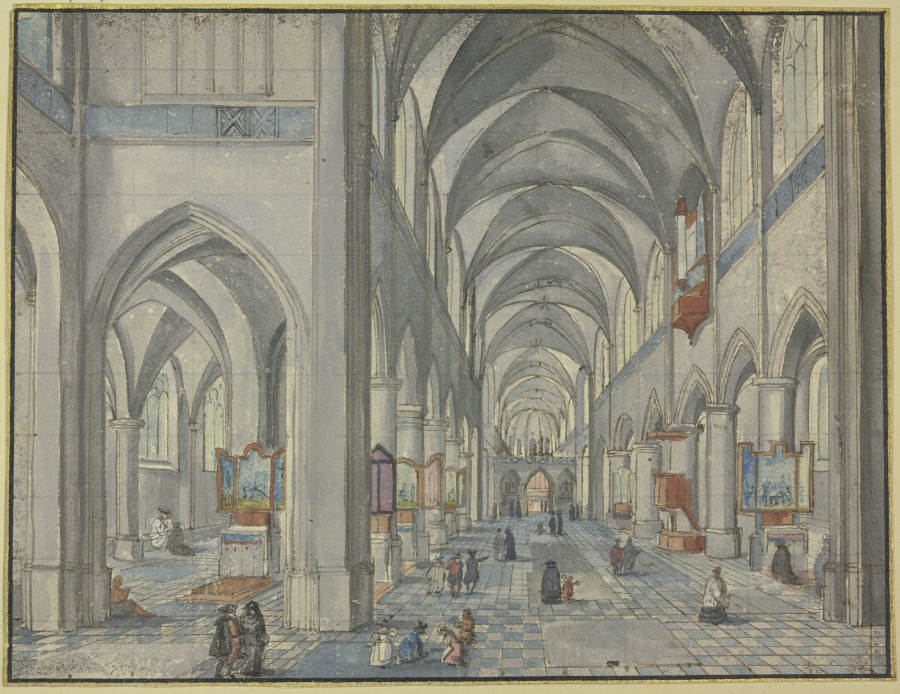 Inneres einer gotischen Kirche mit vielen Figuren von Hendrick van Steenwyck d. J.
