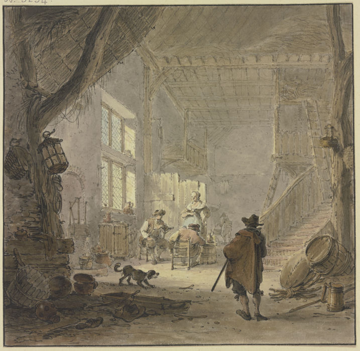 Das Innere eines Hauses, am Fenster zwei Männer und eine Frau, im Vordergrund ein Mann von hinten von Hendrik Meyer