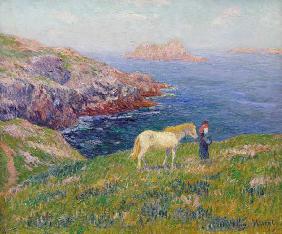 Bäuerin mit Pferd an der Küste von Ouessant. 1895